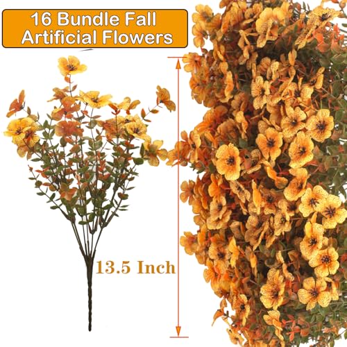Grunyia 16 Bundles Artificial Fall Flowers UV Resistant Faux Greenery, All Weather Outdoor Autumn Decor for Thanksgiving Christmas Wedding Home Garden Fireplace Party Décor (Fall Orange Yellow) - color: Fall Orange Yellow