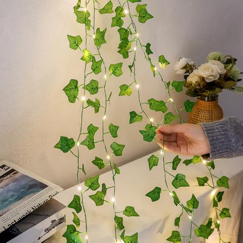 HEYFUNi Ivy Vines with Lights with Remote, 13 Ft 40LED Artificial Green Leaf String Lights USB/Battery Operated, Fake Vines for Bedroom Wall Aesthetic, Dorm, Room Decor, Warm White - color: IVY- Remote, size: 40 LED-USB & Battery