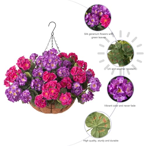 INSPRING Geraniums Artificial Flowers Hanging Basket for Outdoors Outside Spring Decoration, 8 Bundles Silk Flowers Fake Plants Look Real UV Resistant for Porch Home Patio Balcony Yard, Purple Fuchsia - color: Purple Fuchsia