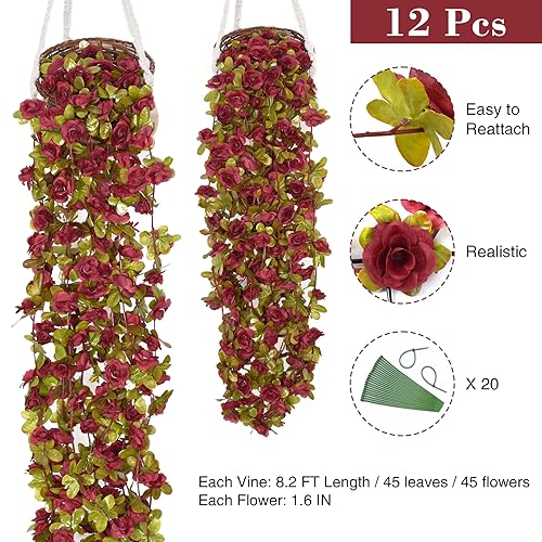 BLEUM CADE 12Pcs 98.4Ft Flowers Garland Artificial Rose Vines for Bedroom, Cute Fake Hanging Flower Vines Floral Garland Decorations for Wedding Party Wall Room Decor Aesthetic - color: Burgundy Red, size: 12 Pcs