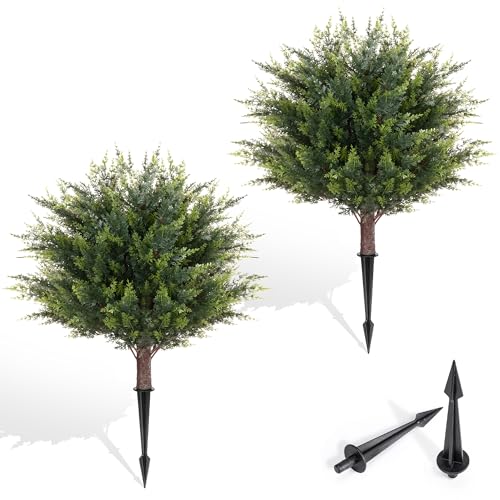 AENTGIU 23.6" Artificial Cedar Topiary Ball Trees, 2-Pack Outdoor Faux Cypress Shrubs with Ground Spikes, UV Resistant Fake Greenery Bushes for Front Porch Planters, Patio, Entryway, Garden Decor