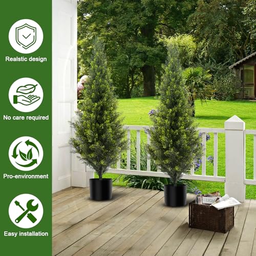 Artificial Cedar Topiary Trees 3FT Tall 2 Set,Outdoor Indoor Realistic Faux Pine Plants,Fake Outdoor Plant Fake Trees for Front Porch Garden Decor