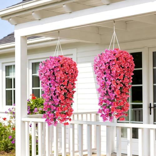 ATTGREAT Artificial Bougainvillea for Outdoors Faux Plants UV Resistant Flowers Fake Plastic Plants Realistic Silk Flowers for Porch Planter Garden Hanging Decoration, 2Pcs(Purple Red & Rose Red) - color: Purple Red & Rose Red