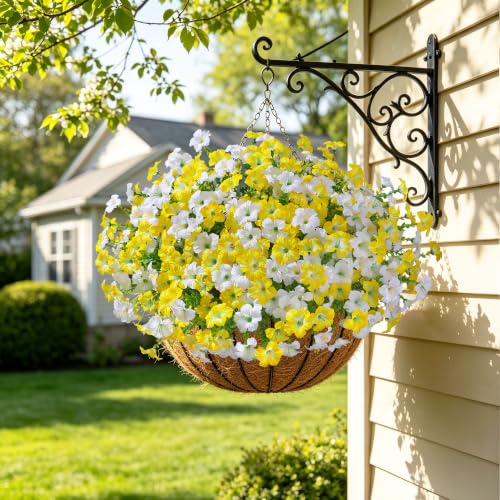 Artificial Flowers for Outdoors Fake Plants Outside Decoration, 20 Bundles Silk Petunia with Eucalyptus UV Resistant Realistic Faux Flowers for Outdoor Planters Garden Balcony Yard Porch Patio, Mix - color: 10 Yellow, 10 White
