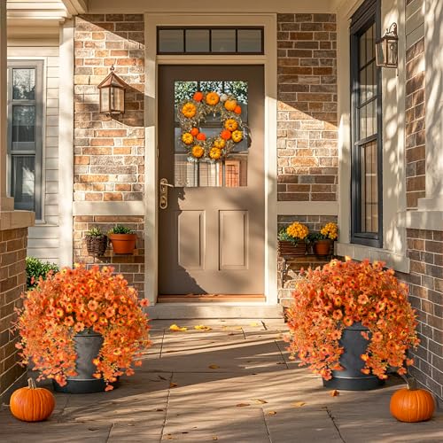 ZFProcess Artificial Fall Flowers for Outdoors, 2PCS Silk Fake Flowers Realistic Daisy Mums UV Resistant Porch Patio Window Yard Decor (Sunset Red) - color: Fall Orange Yellow