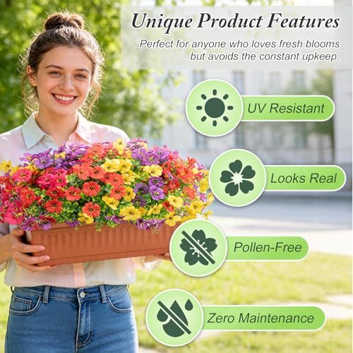 Artificial Flowers for Outdoors Decoration for UV Resistant Silk,16 Bundles | Artificial Violet Flowers for Spring Outdoor Decor, Realistic Fake Plants for Porch,Garden,Window Box,Vase Mix 4 Colors - color: Red Rose Yellow Purple