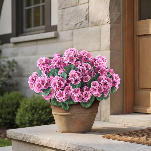 GLIDLION 12 Bundles Artificial Geranium Flowers for Spring Summer Decor, UV-Resistant Fake Plants Realistic Faux Silk Bouquets for Front Door Farmhouse Garden Porch Home Outdoor Decor (Pink) - color: Pink
