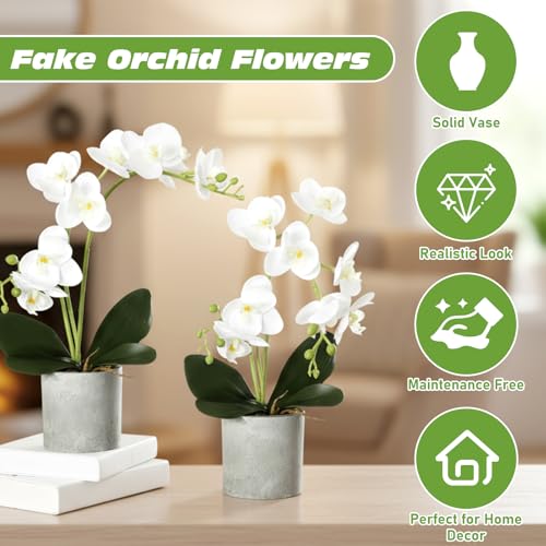 Suncalla 2 Pcs Fake Orchids Flowers in Pot Faux Orchids Artificial Floral Phalaenopsis with Vase for Home Wedding Table Centerpiece Bathroom Indoor Room Office Desk Decoration