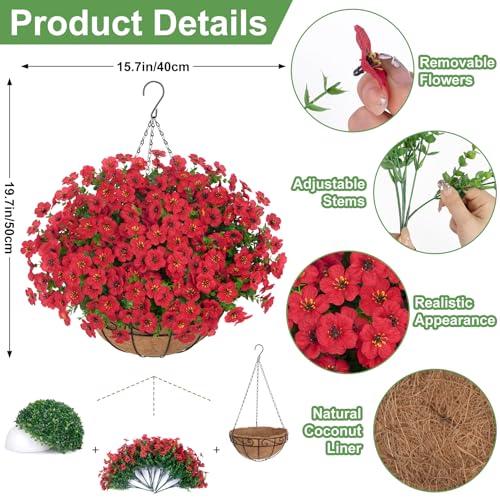 Bassion Artificial Hanging Flowers for Outdoors, UV Resistant Silk Flowers Basket Red Faux Daisy with Eucalyptus Leaves Hanging Fake Plants for Porch Balcony Patio Home Spring Summer Decoration - color: Red