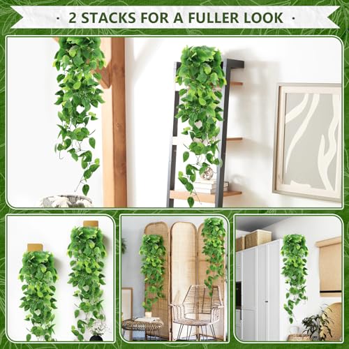 2-Pack Fake Hanging Plants, Faux Hanging Plant Artificial Greenery for Living Room Bedroom Boho Wall Shelf Indoor Outdoor Decor (Green Pothos Ivy Vines) - color: Green Pothos Ivy Vines