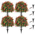 Set of 4 Artificial Boxwood Topiary Ball Trees with Red Flowers, 24" UV Resistant Fake Shrubs with Ground Spike, Faux Greenery for Garden, Yard, Porch, Patio & Indoor Outdoor Decor