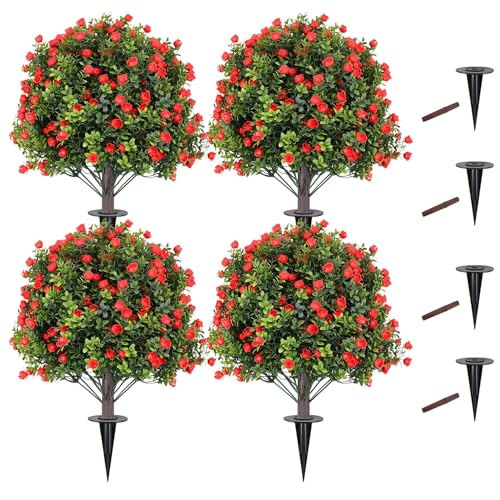 Set of 4 Artificial Boxwood Topiary Ball Trees with Red Flowers, 24" UV Resistant Fake Shrubs with Ground Spike, Faux Greenery for Garden, Yard, Porch, Patio & Indoor Outdoor Decor