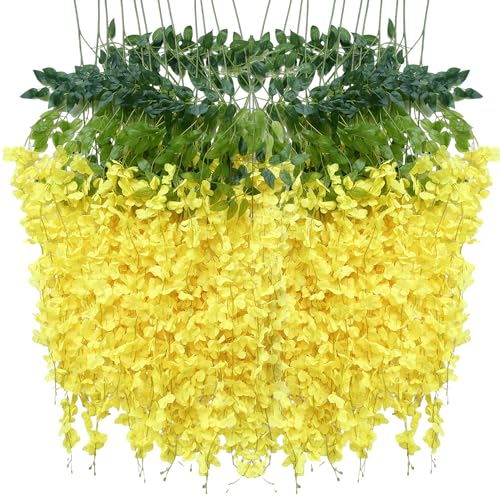 Artificial Wisteria Hanging Flowers Fake Wisteria Flower Garland Silk Vines Rattan Decor for Home Wedding Arch Wall Garden Greenery Bedroom Outdoor Office Party Decoration (12, Yellow) - color: Yellow