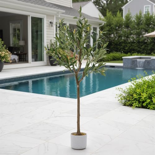 GarveeHome 4FT Faux Olive Tree, Indoor Artificial Potted Olive Tree with White Planter, Lifelike 14 Fruits and Realistic Leaves, Modern Fake Tree for Home House Office Patio Decor Gift ﻿ ﻿