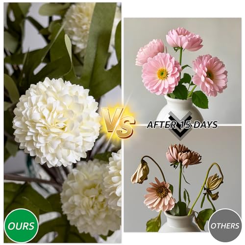 Artificial Flowers 10 Pcs Faux Silk Pompon Mum, Bulk Fake Flowers Mini Chrysanthemums with Stems for DIY Bouquet Centerpieces Wedding Fillers Champagne Arrangements Room Decor, White - color: White