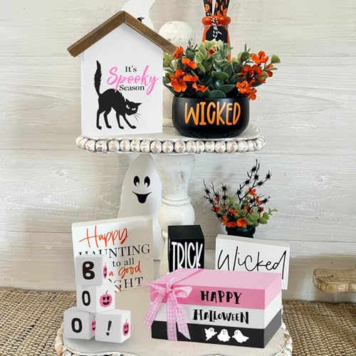 nuvagiki Halloween Decorations, 8 Pcs Pink Halloween Tiered Tray Decor, Spooky Black Cat Book Stack Wooden Decoration for Home Indoor, Rustic Pumpkin Faux Books Kitchen, Office, Table Decor - color: Pink