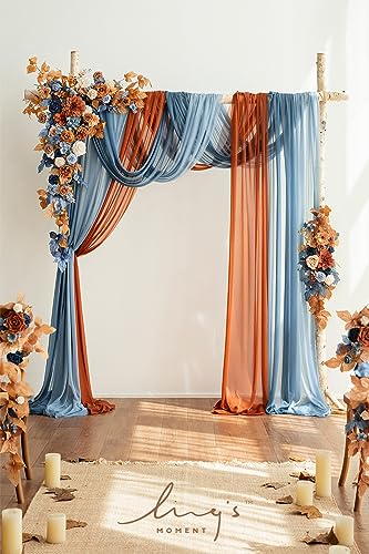 Ling's moment Fall Wedding Arch Flowers with Sheer Drapes Kit - Artificial Orange and Navy Blue Floral Arrangements for Ceremony Backdrop, Arbor Decor, 5-Piece Set (2 Flower Stems + 3 Hanging Drapes) - color: Or-russet Orange & Denim Blue