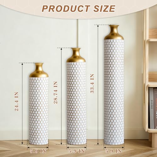 Tall Floor Vases Set of 3 for Decor Living Room Floor, White Vases Home Decor, Embossed Body Pattern, 33.4" H/28.74" H/24.4" H Geometric Cylinder (White 7) - color: White 7