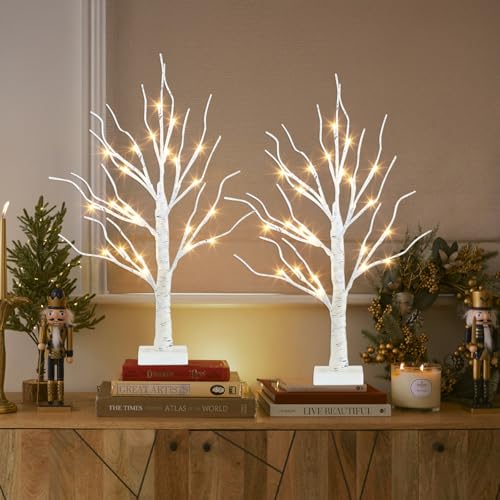 PEIDUO Home Decor, 2FT Birch Tree with LED Lights, Warm White Light up Tree Lamp, Artificial Trees for Home Table Inside, Battery Powered, Timer (2PK) - style: 2PK Birch Tree