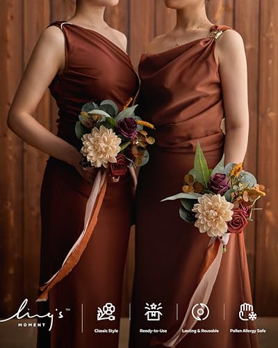 Ling's moment Artificial Bridesmaid Bouquets Set of 6,Terracotta Wedding Flower Bouquets Burnt Orange Floral Bouquet Rust Bridal Bouquets with Ribbon,Ceremony,Anniversary,7-inch Diameter - color: Or-burnt Orange