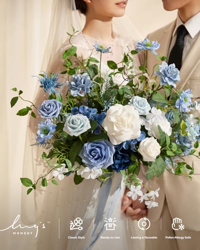 Ling's moment Dusty Blue Wedding Bouquets for Bride, Blue and White Bridal Bouquets for Bride,15 Inch Free Form Artificial Wedding Flower Bouquet - color: Blu-provence Blue, size: Medium 15 Inch