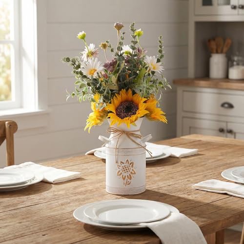 Fake Flowers in Vase,Sunflowers Artificial Flowers Silk Flower Arrangements with Metal Flower Vase Faux Flowers Sunflower Kitchen Decor Yellow Bathroom Decor Sunflower Gifts for Women (Yellow)