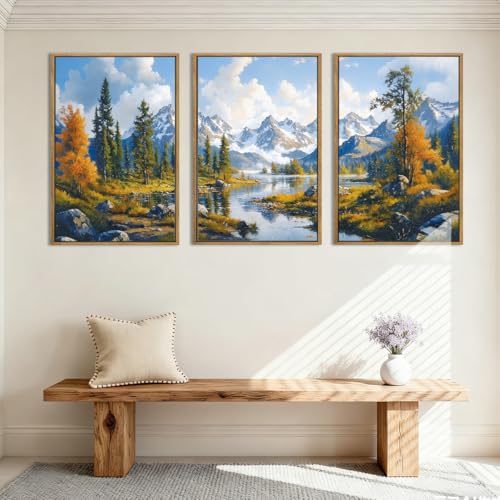 BINCUE Framed Mountain Landscape Wall Art Nature Forest Wall Decor Tree and River Art Print Nature Landscape Artwork Mountain Forest Wall Pictures for Living Room Bedroom Office Farmhouse 16x24 Inches Set of 3 Gift - color: Mountain Nature Landscape, size