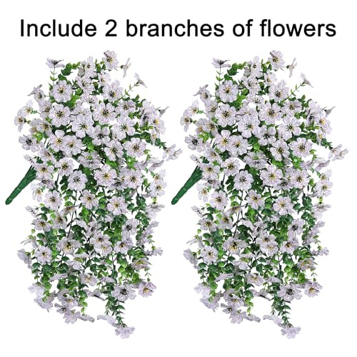 HyeFlora Artificial Flowers for Outdoors Fake Hanging Decoration, 2Pcs White Spring Summer Decor, Realistic Plants, UV & Fading Resistant Silk Flower for Porch Patio Balcony Planter Yard Home Garden - color: White