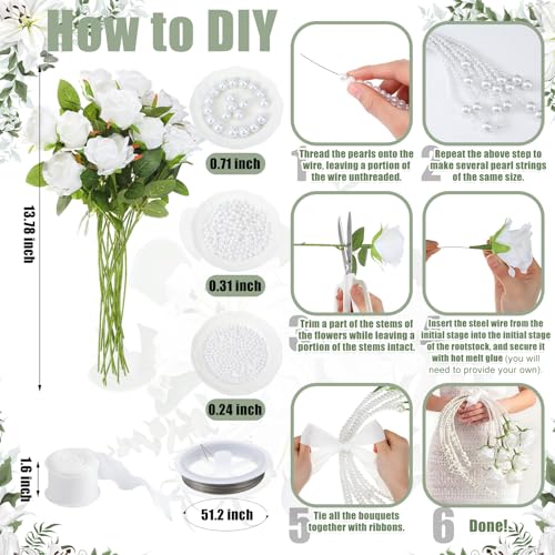 Suncalla 20 Pcs White Rose Artificial Flowers DIY Wedding Bouquet for Bride Wedding Table Centerpieces Decorations Graduation Flower with Ribbon and Pearl for Floral Arrangement DIY Craft Bridal - color: White, style: Rose