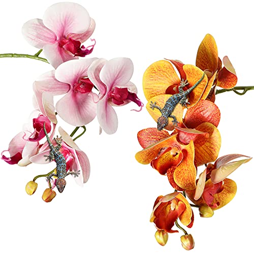 Chuangdi 2 Pieces Artificial Phalaenopsis with Suction Cups Terrarium Plant Decoration Reptile Habitat Plant Decor for Hermit Crab Lizards Geckos Snake Reptile (Purple, Yellow) - color: Purple, Yellow, style: Gradient