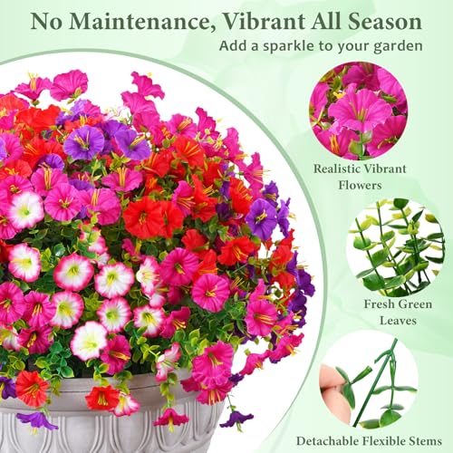 MARTINE MALL 12 Bundles Look Real Artificial Flowers for Outdoors, Realistic Fake Outdoor Flowers, UV Resistant Silk Petunia Flowers for Outside Faux Flowers Plants for Outdoor Porch, Mix Colors - color: Mix Colors (Fuchsia, Purple, Red, Pink), size: 12 B
