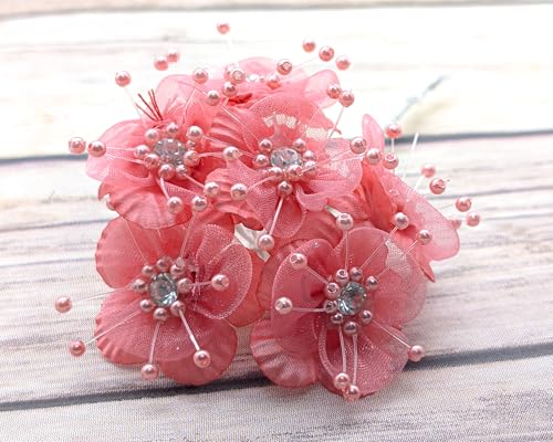 72PC Artificial Organza Flower Rhinestone Pick for Home Craft Decor DIY Wedding Bridal Veil Headband Dress Cake Topper Embellishment Scrapbook Favor Corsage Floral Bouquet Arrangement (Coral) - color: Coral