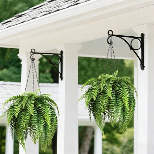 2 Set Fake Ferns with Hanging Baskets, Realistic Fake Hanging Plants, UV Resistant Artificial Ferns Outdoor Faux Plants for Front Porch Patio Garden Home Décor, No Assembly Required