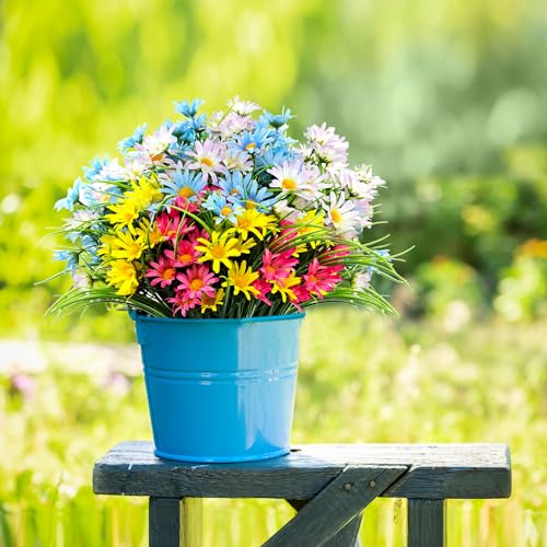 4 Bundles Artificial Large Daisy Fake Plants Flowers Faux Silk Wildflowers Bouquet Outdoor UV Resistant for Home Decor Indoor Outside Garden Front Porch Planters Decoration (Multi Color) - color: Multi Color