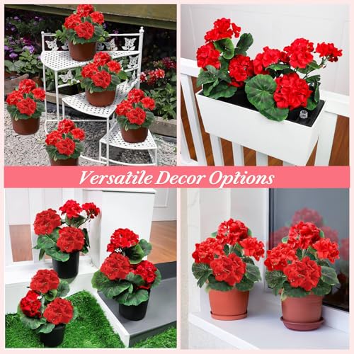 TURNMEON 2 Pack Artificial Geraniums Fake Flowers for Outdoors Summer Decoration, Silk Geraniums Red Flowers UV Resistant Faux Flower Potted Plants for Gardens Farmhouse Indoor Home Table Decor (Red) - color: Red