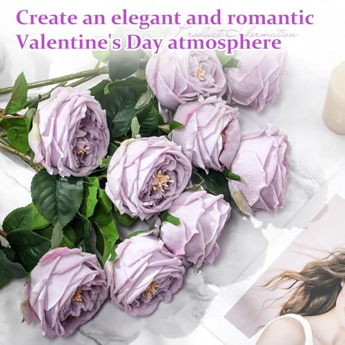 Daifunli 10pcs Real Lifelike Peonies Artificial Flowers, Faux Austin Rose with Long Stem Look Real Fake Flower for Christmas Valentines Arrangement Wedding Party Home Kitchen Decor(Light Purple) - color: Light Purple