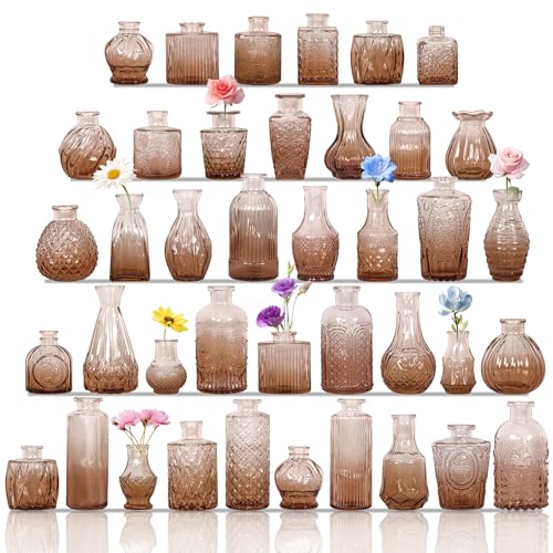 Set of 40 Glass Bud Vases, Small Amber Glass Vases in Bulk, Mini Vintage Embossed Flower Vase for Wedding, Centerpieces, Birthday Party, Baby Shower, Home Table Decorations (Amber) - color: Amber