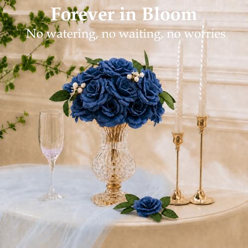 Rose Artificial Flowers, 50Pcs White Roses Head Flowers Bulk with Stem, 3 Inches Silk Rose Fake Flower Head for Wedding Party Home Decor DIY Baby Shower Centerpieces Tables Decoration (Navy Blue) - color: Navy Blue