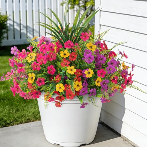 INXUGAO Artificial Fake Flowers Plants for Outdoor Spring Summer Decor, 12 Bundles Faux Silk Flowers for Outdoor Outside Planter Colorful Daisy UV Resistant Look Real for Front Door Porch Patio Yard - color: Mix 4 Colors Flowers+ferns+grass
