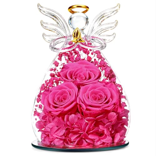 Beferr Gifts for Mom Birthday Gifts for Women, Fresh Flowers for Delivery Forever Preserved Rose in Glass Angel Figurine, Anniversary Christian Real Rose for Grandma Wife Mother from Daughter Son - color: I Rose Red