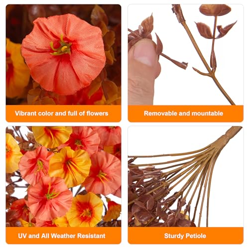 2 PCS Artificial Faux Fall Hanging Flowers Plants for Outdoor Decor,Fake Silk Morning Glory with Eucalyptus UV Resistant Mums for Wall Home Porch Patio Balcony Yard Indoor Decor (Fall Orange+Yellow) - color: Fall Orange+yellow