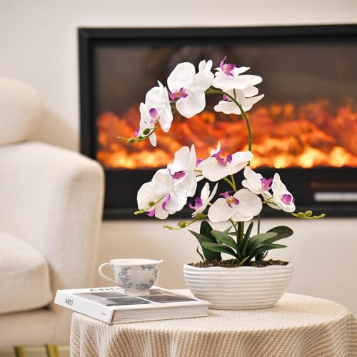 19" H Phalaenopsis Faux Orchid Plant Silk Orchid Centerpiece Artificial Floral Arrangement in Ceramic Pot (White) - color: White