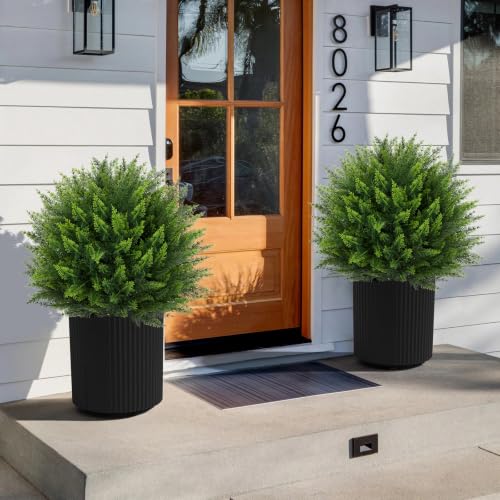 Artificial Cedar Topiary Ball Tree 23" with Ground Spike, Set of 2 Artificial Boxwood Bushes for Faux Shrubs, Fake Evergreen Faux Plant for Indoor Outdoor Porch Garden- UV Resistant – Fade-Proof - color: Cedar