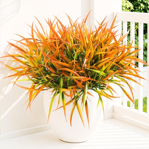 Uieke 6 Bundles Artificial Outdoor Plants UV Resistant Fake Grass Plants Faux Plastic Plants Greenery Shrubs for Home Garden Pathway Window Box Front Porch Summer Fall Decor, Autumn Orange - color: Orange Yellow, size: 6