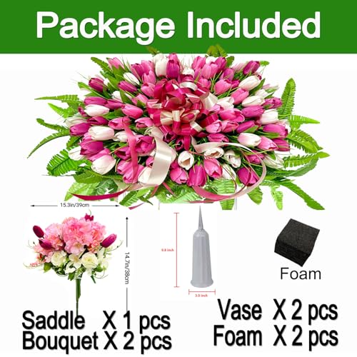 FLOWERIA Headstone Flower Saddle Artificial Flowers for Cemetery Grave Decoration, Large Size Tulip, Pink-white - color: Pink-white, size: 2 Bouquets 1 Saddle