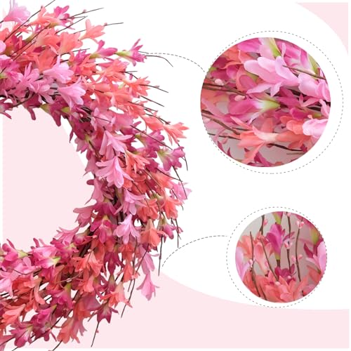 22inch Artificial Forsythia Flower Wreath Spring Summer Fall Wreath Silk Leaves for Front Door Decoration Porch Farmhouse Patio Garden Home Decor (Pink) - color: Pink