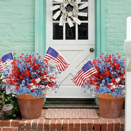 Lyrow 48 Pcs Red Blue White Patriotic Artificial Flowers 4th of July Table Centerpieces Decor Fake Babys Breath Pick Stems Floral Arrangement for 250th Anniversary Veterans Day Home Outdoor