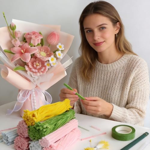 500PCS Pipe Cleaner Flower Kit,Bulk Pipe Cleaners Craft,Chenille Stems with Wrapping Paper for Mother's Day Graduation Birthday Wedding - color: Pink