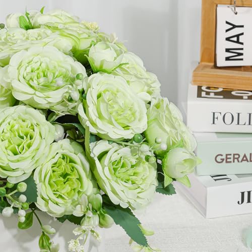 Artificial Peonies Silk Flowers, Faux Peony Bouquet 2 Bundles Florals Arrangements Decor for Farmhouse Home Boho Wedding Table Centerpiece, Fake Plastic Flowers Bulk for Vase Decoration (Green, 2PCS) - color: Green, size: 2PCS