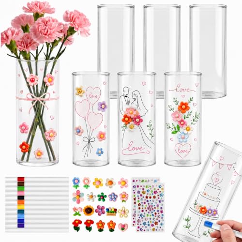 Cinrobiye 6 Set Glass Vase Craft Kit, Paint a Vase DIY Decorative Glass Jar Set for Flower Arrangement, Home Decor and Wedding Table Centerpieces